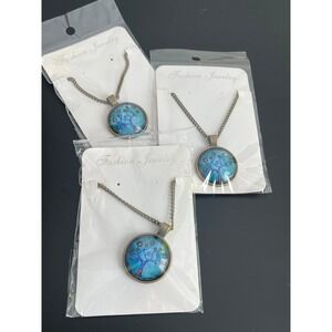 00671 Tree of Life Pendant Necklaces LOT/3‎ Blue Cabochon Antique Bronze Chain